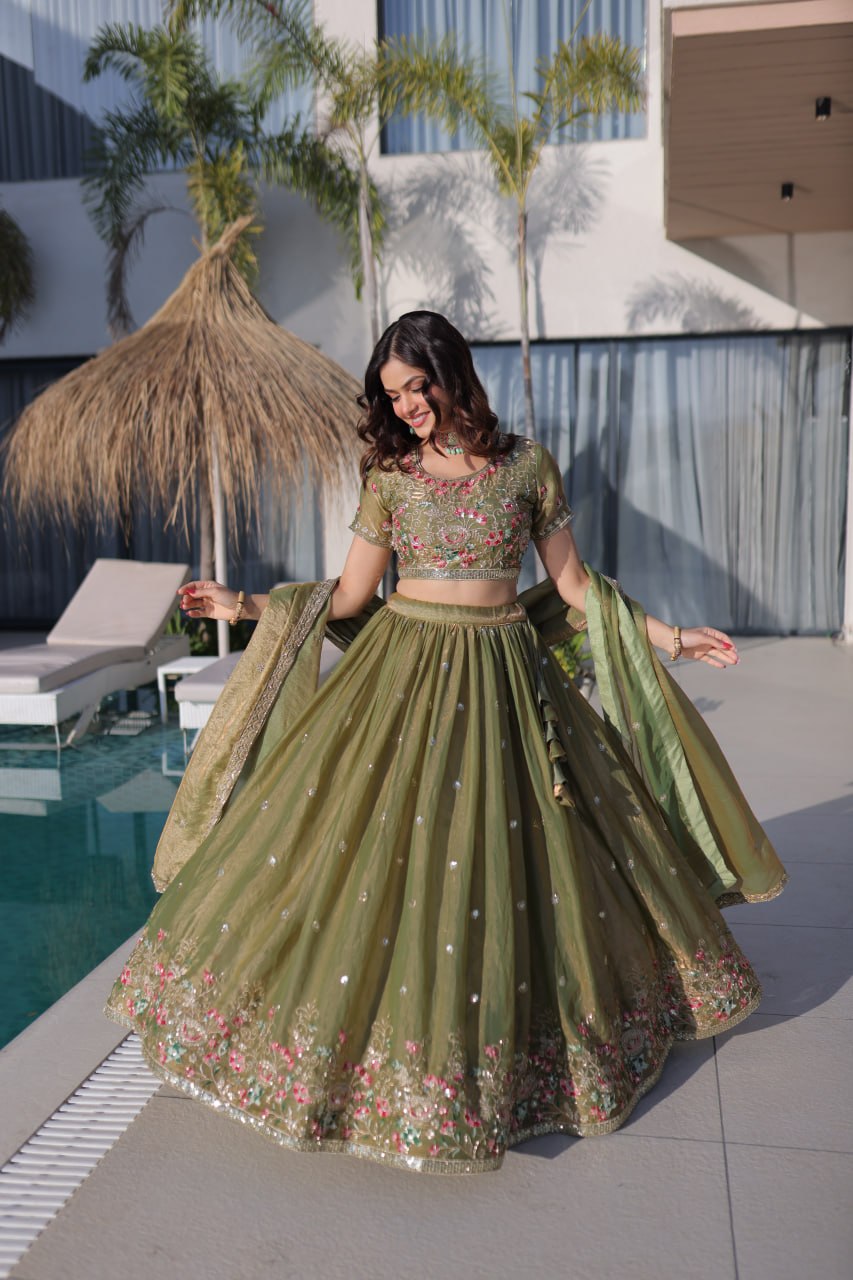 Pista Green Floral Embroidered Lehenga Set for Wedding & Festive Glam