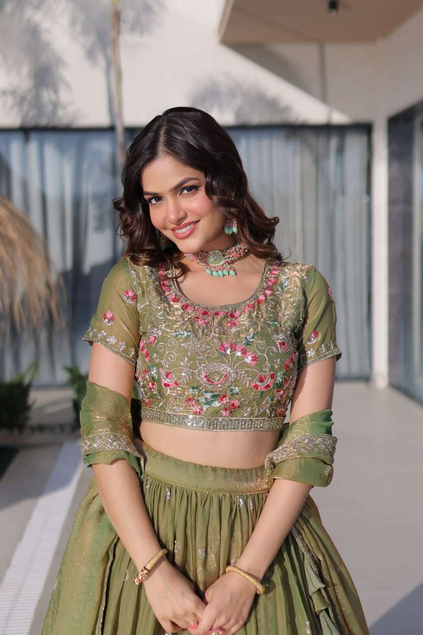 Pista Green Floral Embroidered Lehenga Set for Wedding & Festive Glam