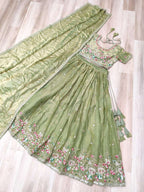 Pista Green Floral Embroidered Lehenga Set for Wedding & Festive Glam