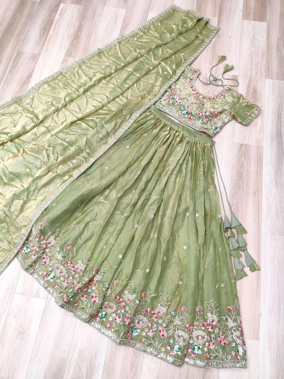 Pista Green Floral Embroidered Lehenga Set for Wedding & Festive Glam