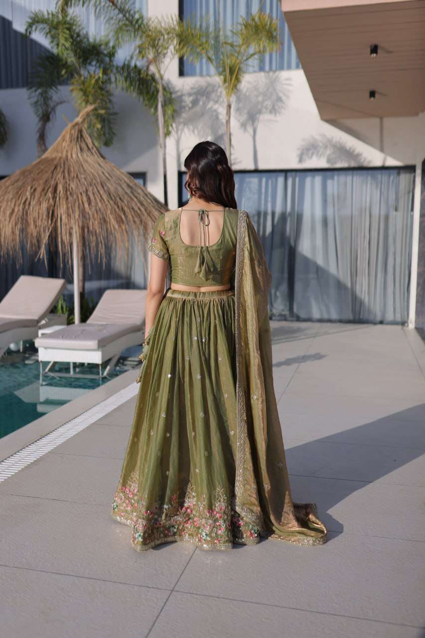 Pista Green Floral Embroidered Lehenga Set for Wedding & Festive Glam