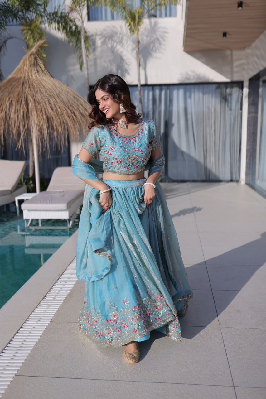 Sky Blue Floral Lehenga Set for Dreamy Wedding Looks