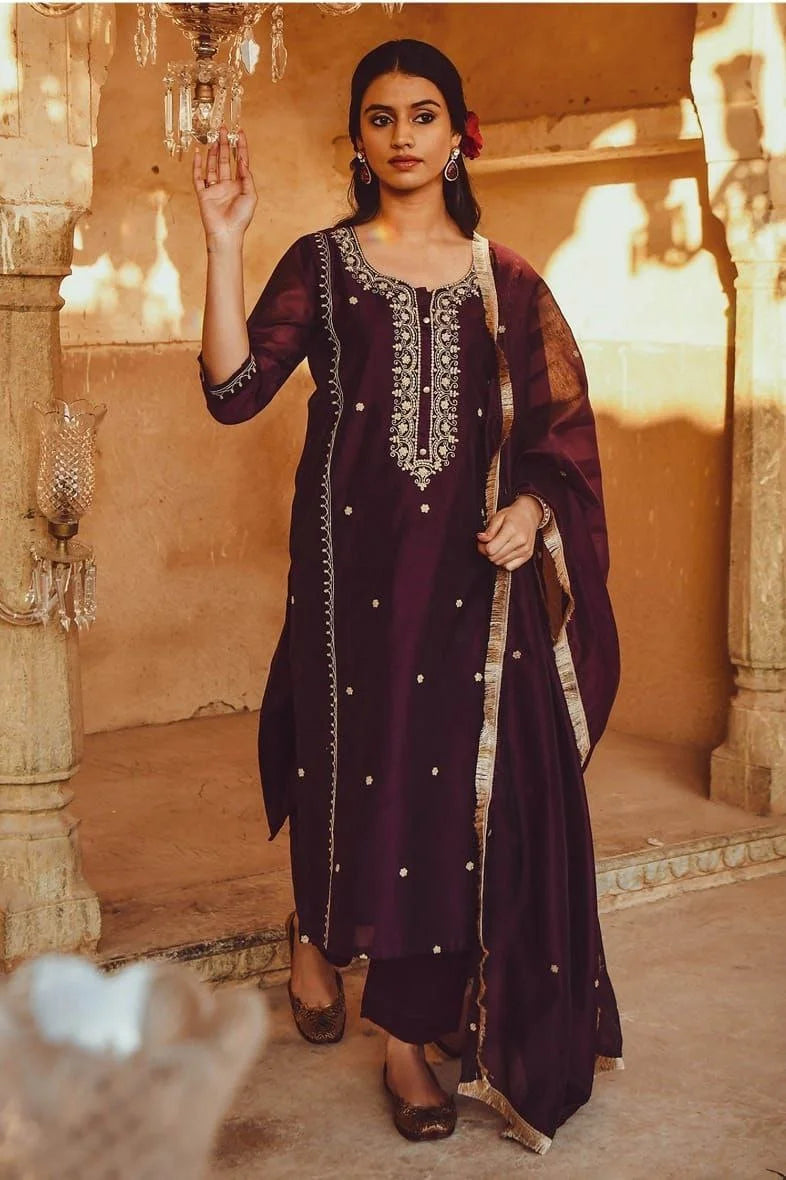 PV Chanderi Embroidered Suit Set with Dupatta