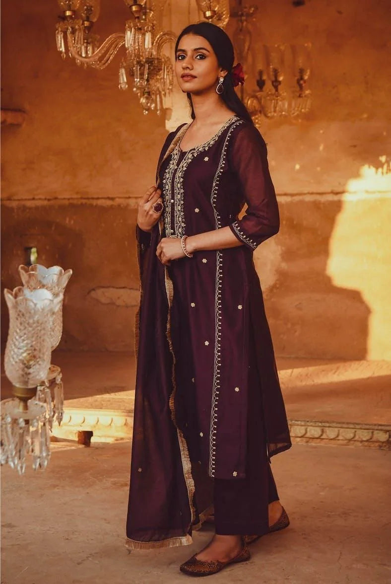 PV Chanderi Embroidered Suit Set with Dupatta