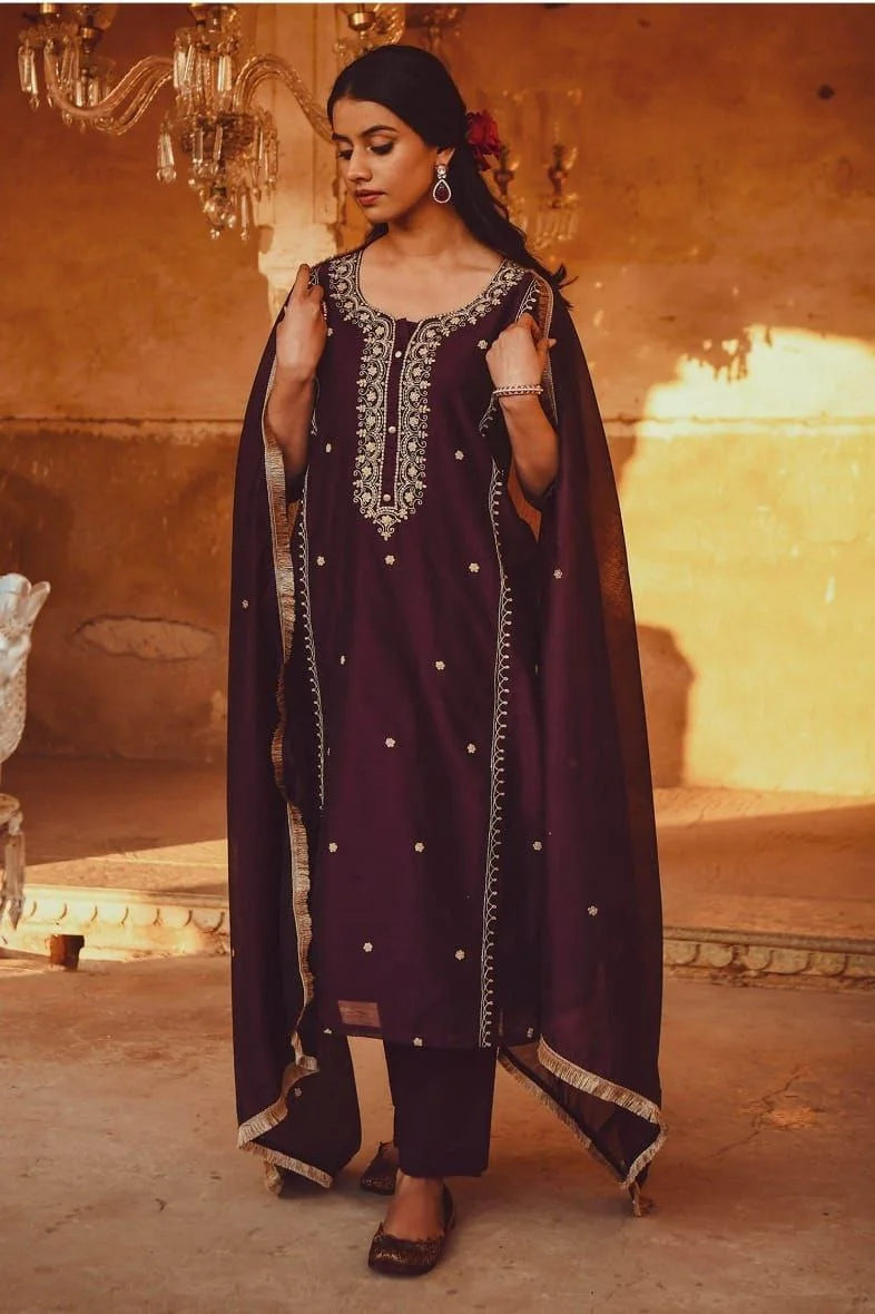 PV Chanderi Embroidered Suit Set with Dupatta