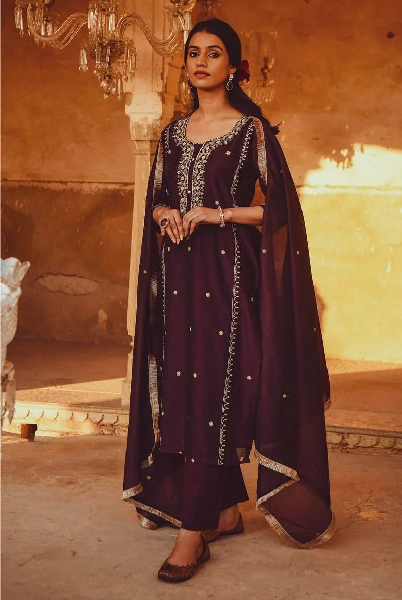 PV Chanderi Embroidered Suit Set with Dupatta