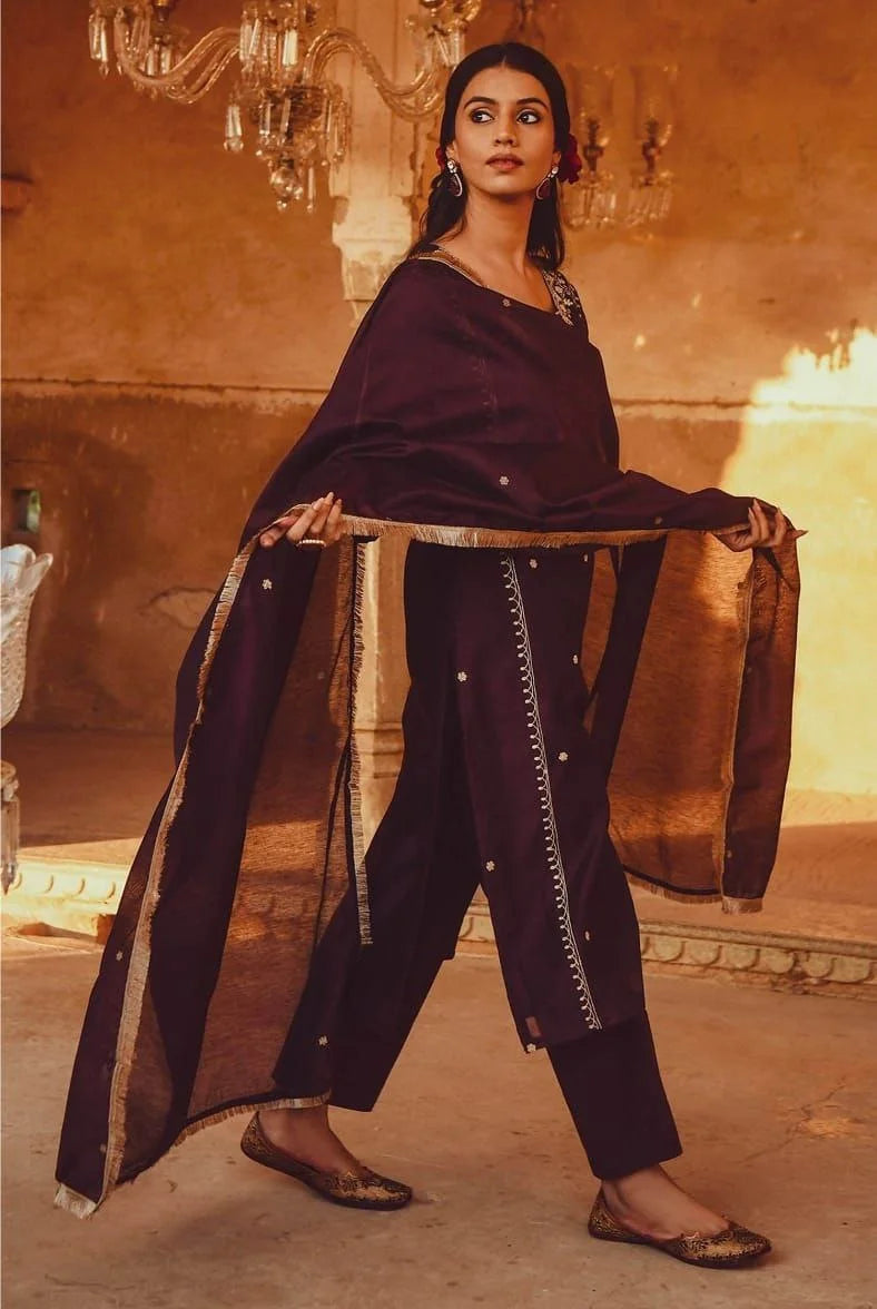 PV Chanderi Embroidered Suit Set with Dupatta