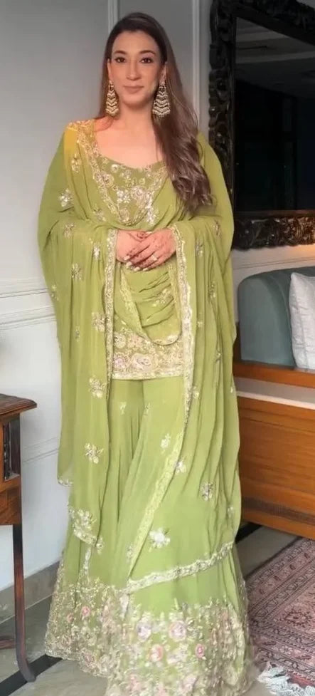 Heavy Sequence Embroidery Georgette Top & Sharara Set with Dupatta