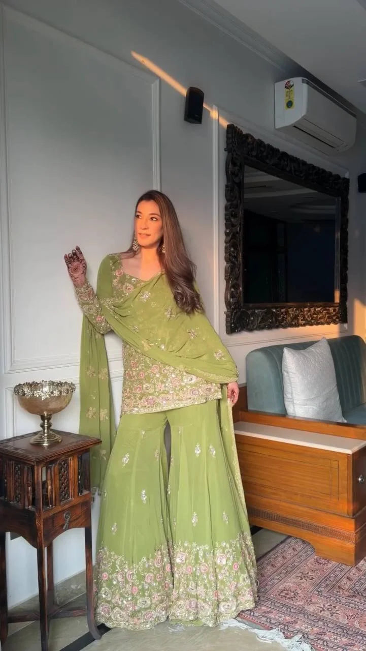 Heavy Sequence Embroidery Georgette Top & Sharara Set with Dupatta