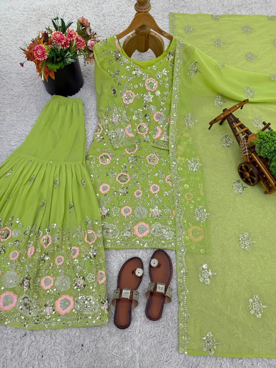 Heavy Sequence Embroidery Georgette Top & Sharara Set with Dupatta