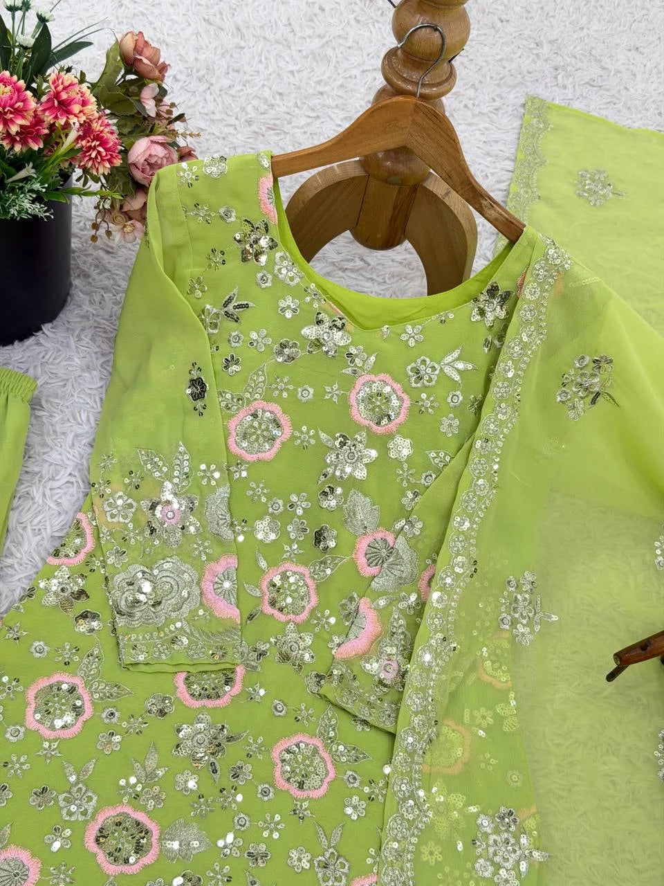 Heavy Sequence Embroidery Georgette Top & Sharara Set with Dupatta