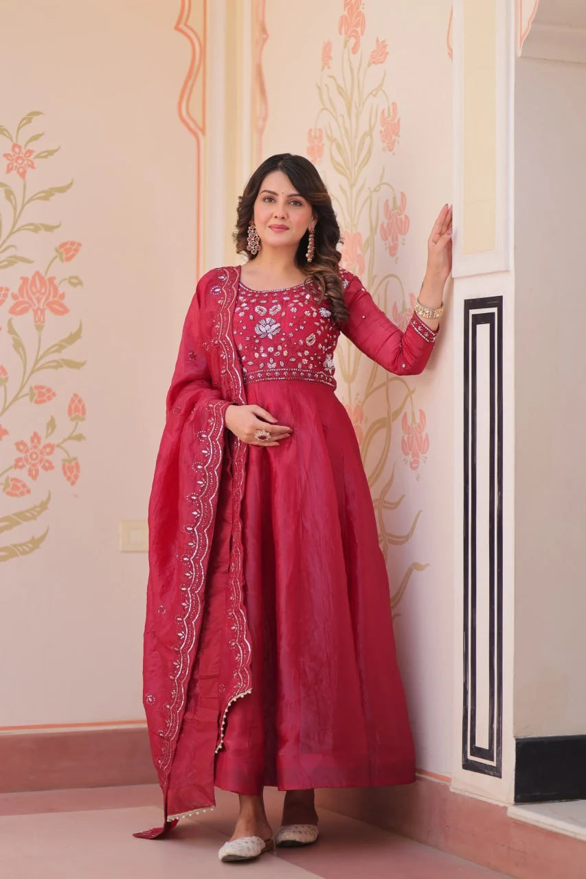 Graceful Full-Length Beads Work Gown with Designer Lace Border Dupatta