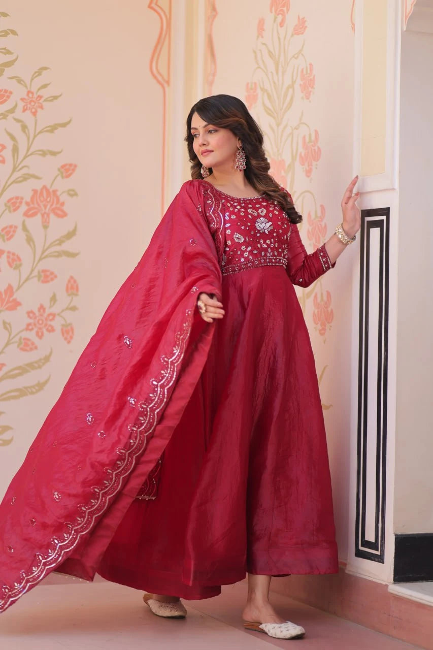 Graceful Full-Length Beads Work Gown with Designer Lace Border Dupatta