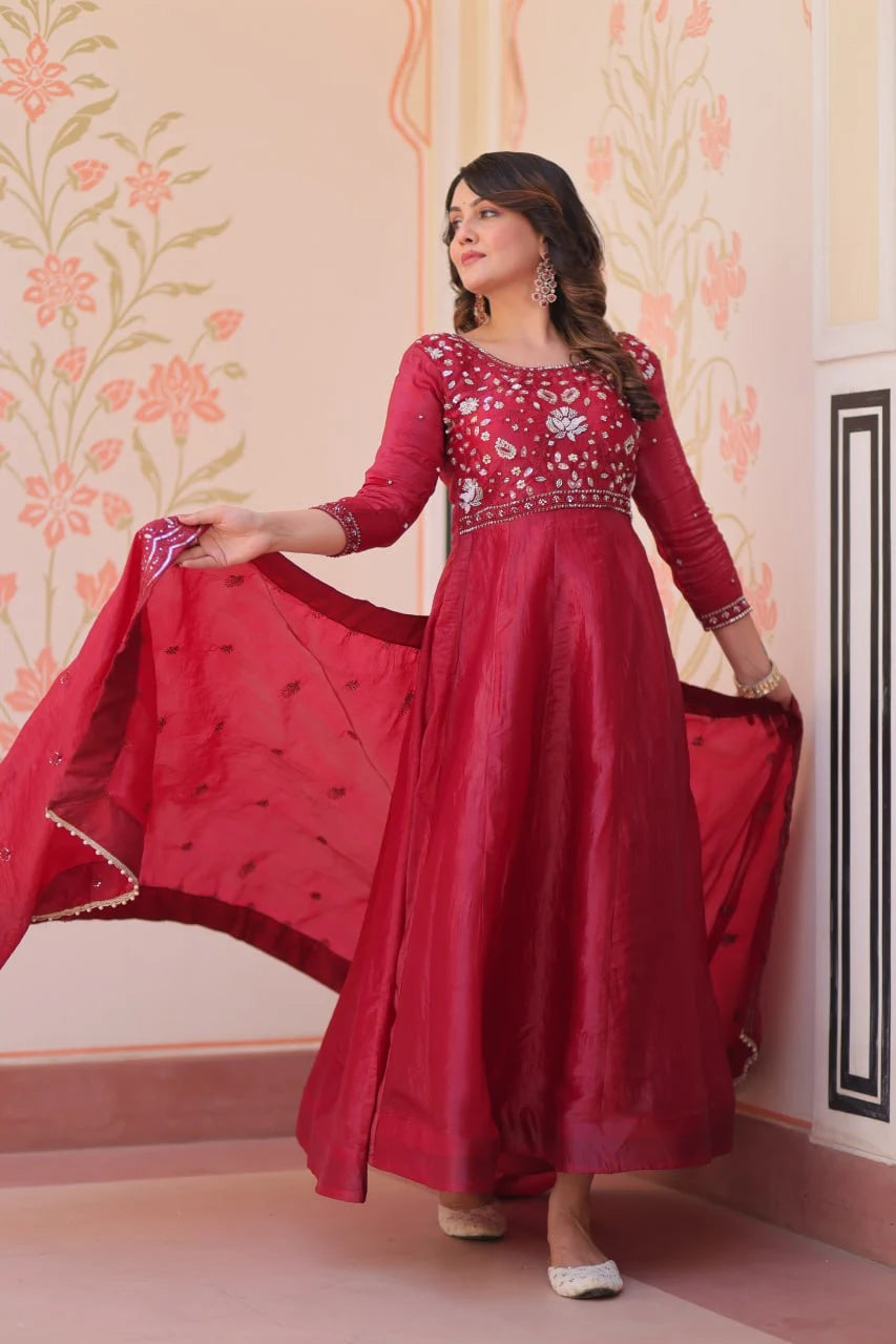 Graceful Full-Length Beads Work Gown with Designer Lace Border Dupatta