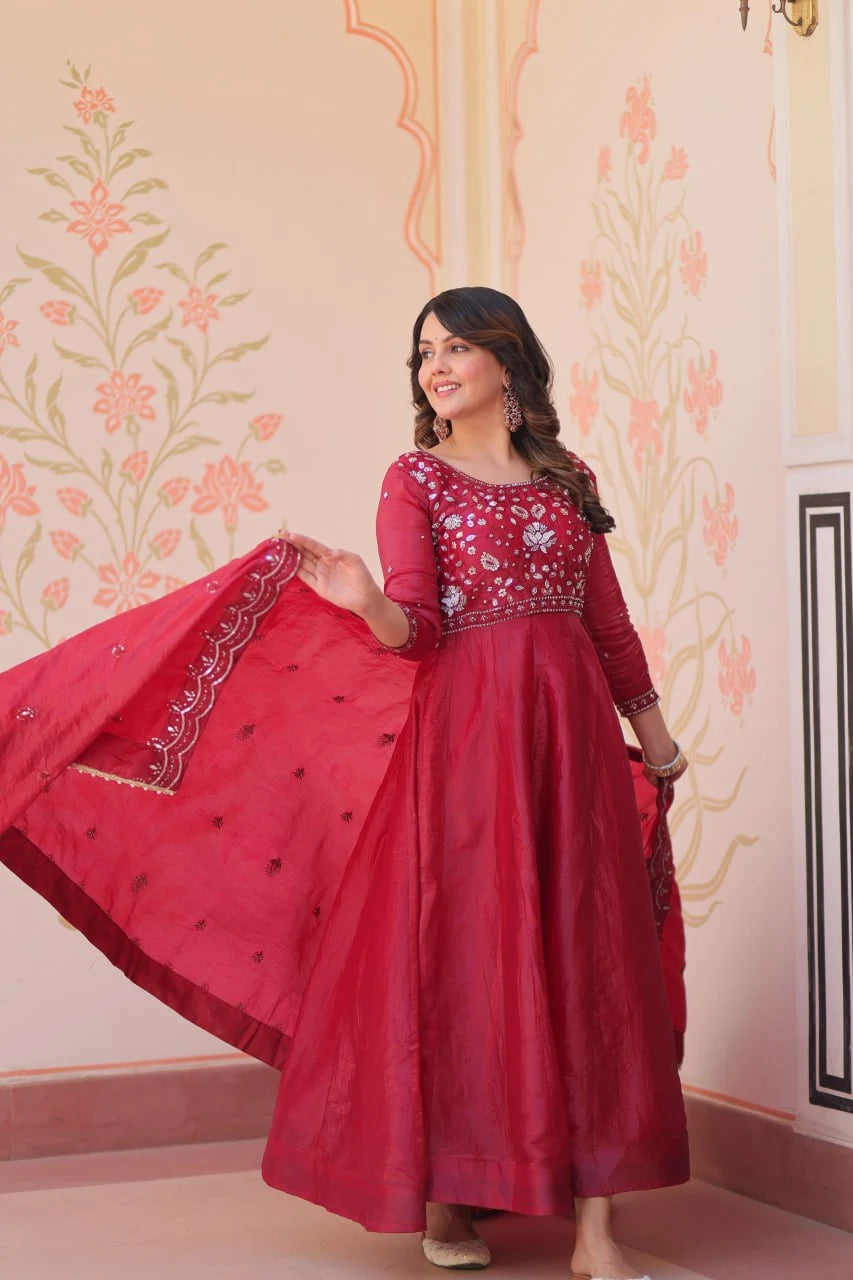 Graceful Full-Length Beads Work Gown with Designer Lace Border Dupatta