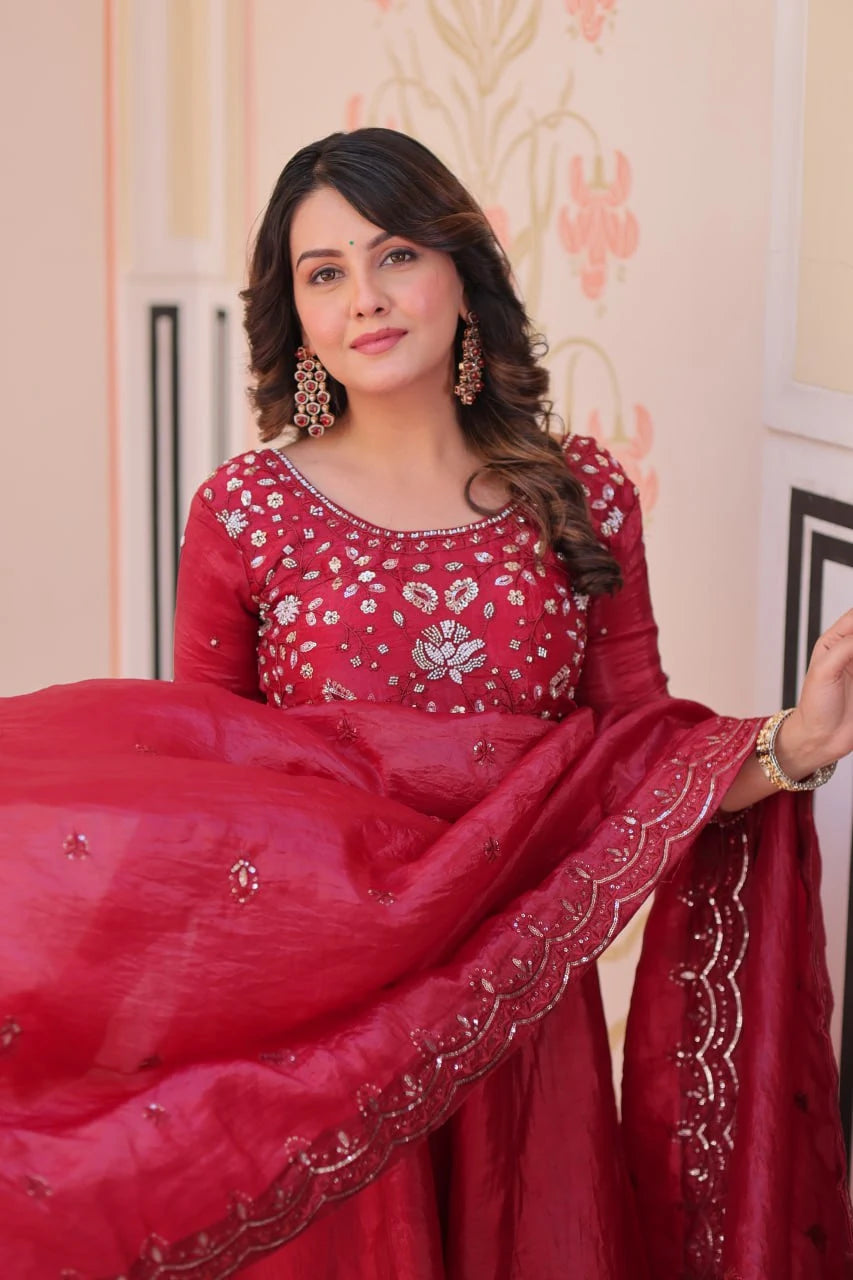 Graceful Full-Length Beads Work Gown with Designer Lace Border Dupatta