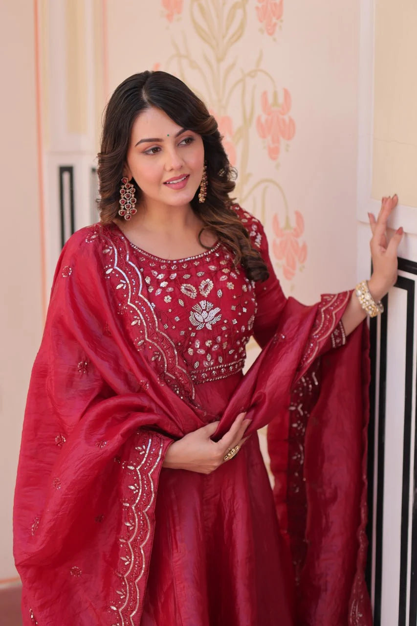 Graceful Full-Length Beads Work Gown with Designer Lace Border Dupatta