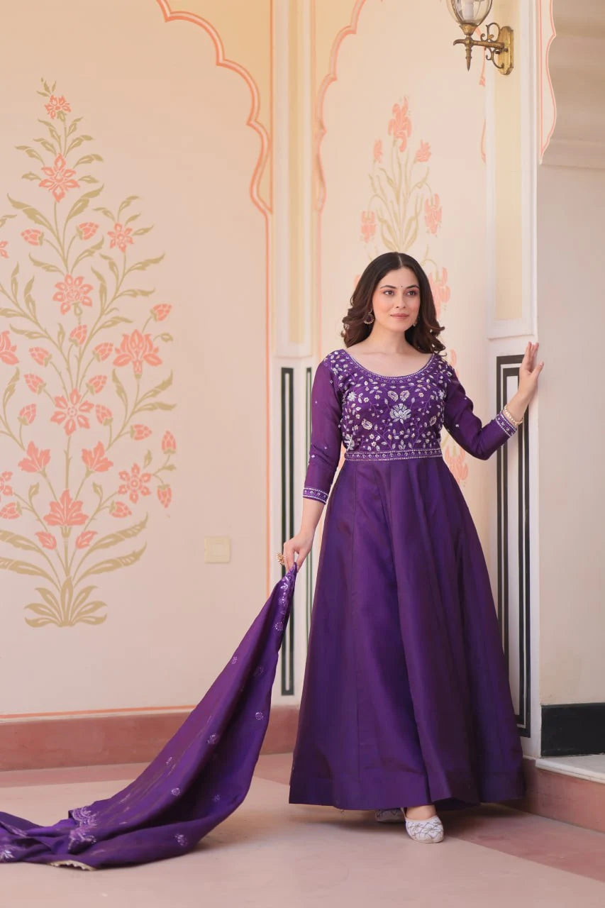 Stylish Fancy Neck Gown with Beads Embroidery & Flowing Dupatta