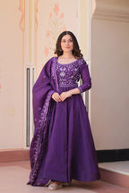 Stylish Fancy Neck Gown with Beads Embroidery & Flowing Dupatta