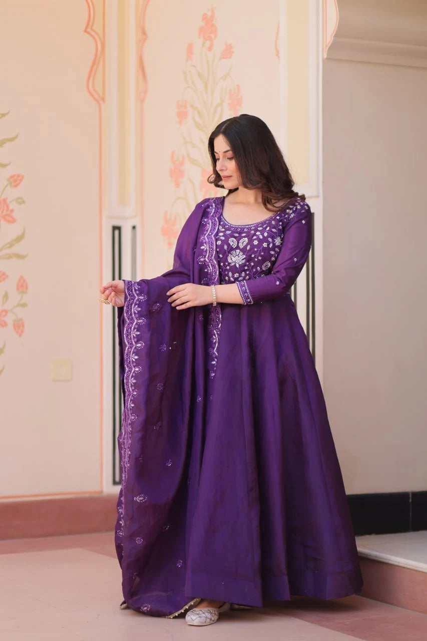 Stylish Fancy Neck Gown with Beads Embroidery & Flowing Dupatta