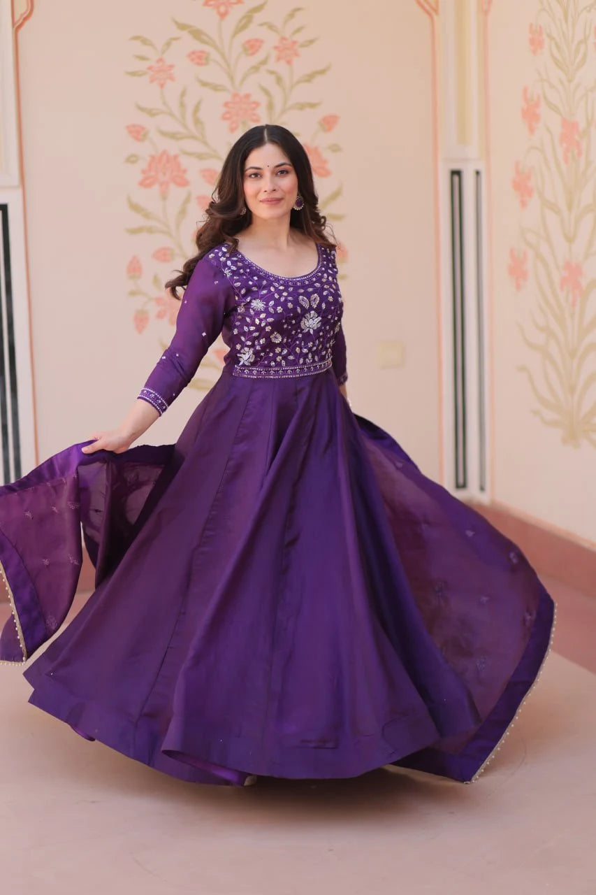Stylish Fancy Neck Gown with Beads Embroidery & Flowing Dupatta