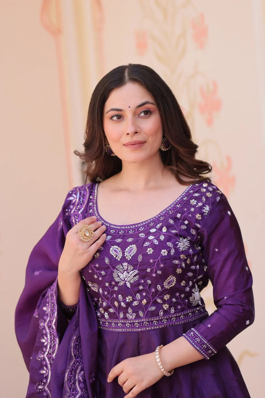 Stylish Fancy Neck Gown with Beads Embroidery & Flowing Dupatta