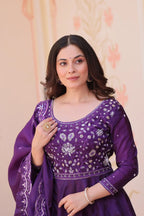 Stylish Fancy Neck Gown with Beads Embroidery & Flowing Dupatta
