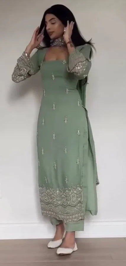 Faux Georgette Thread & Sequence Work Suit Set with Dupatta
