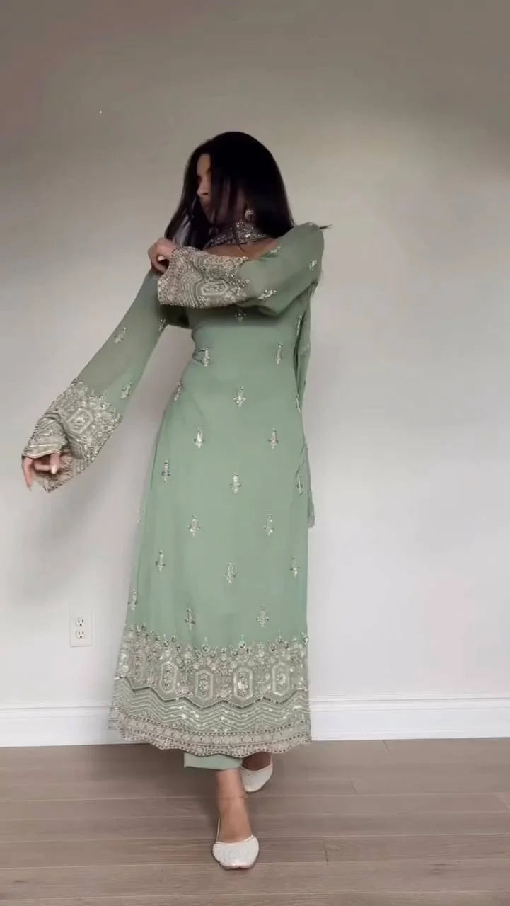 Faux Georgette Thread & Sequence Work Suit Set with Dupatta