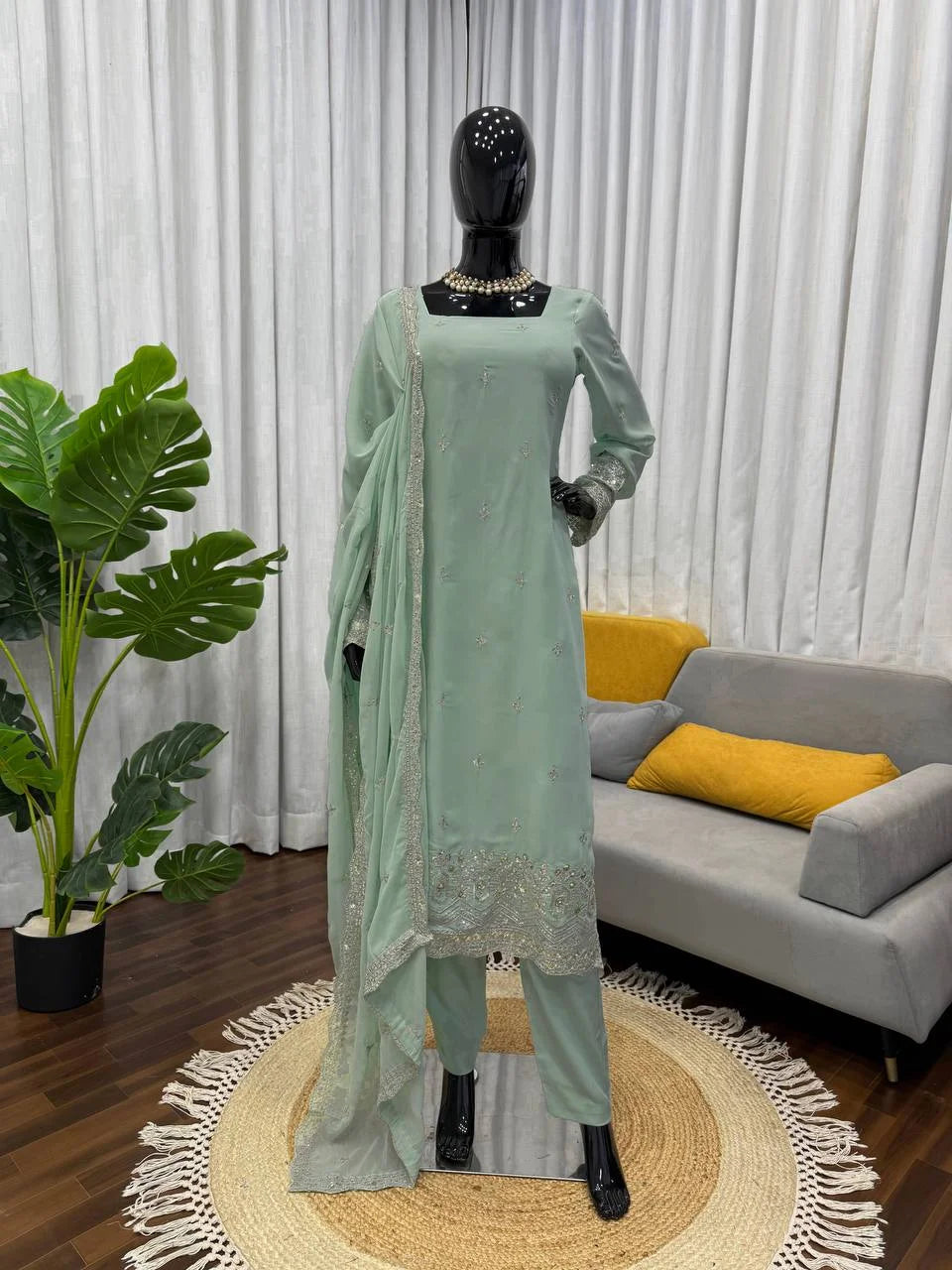Faux Georgette Thread & Sequence Work Suit Set with Dupatta