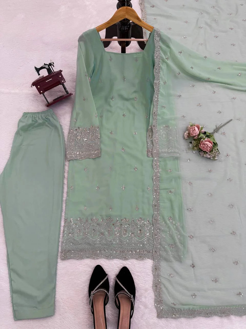 Faux Georgette Thread & Sequence Work Suit Set with Dupatta
