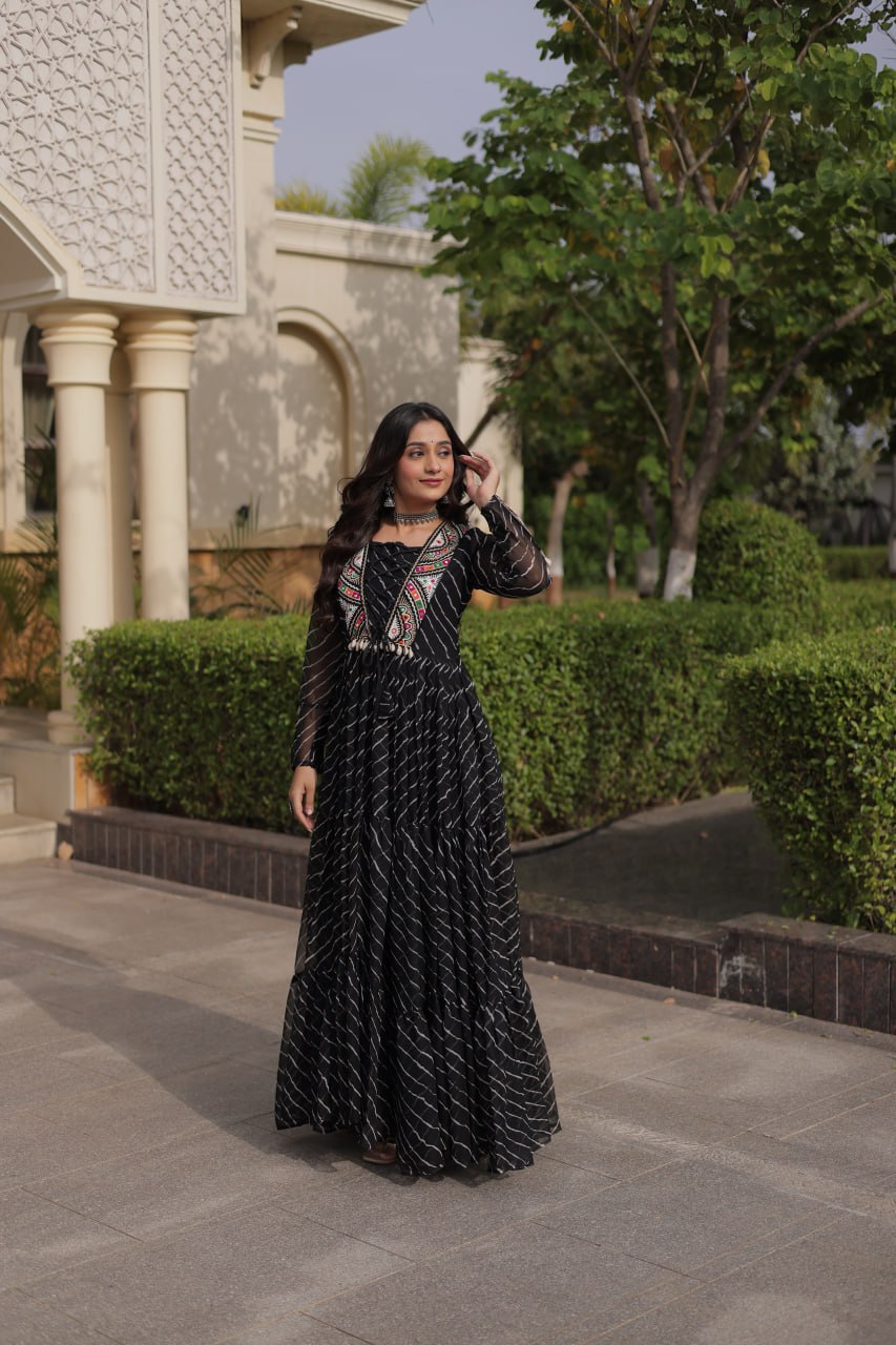 Navratri Lehariya Print Georgette Long Flared Gown For Festive Wear