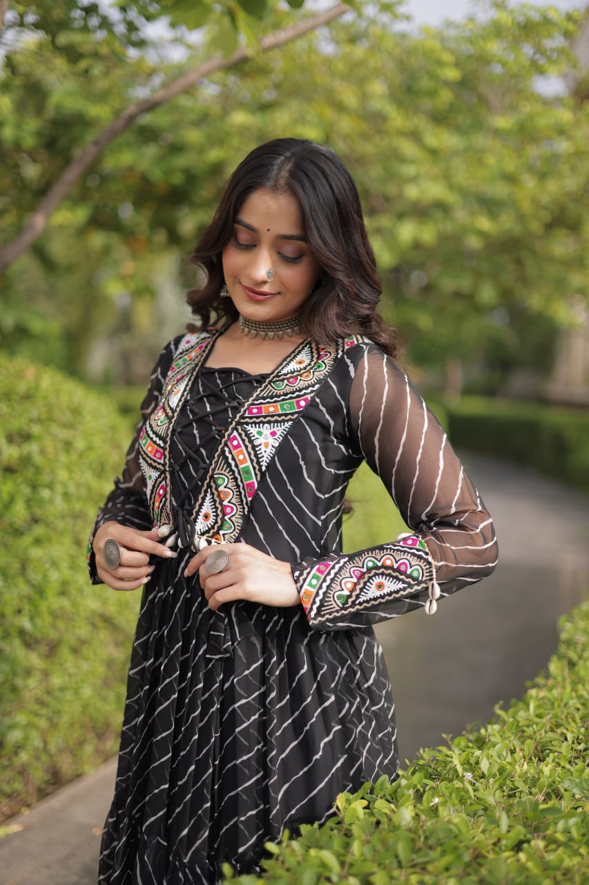 Navratri Lehariya Print Georgette Long Flared Gown For Festive Wear