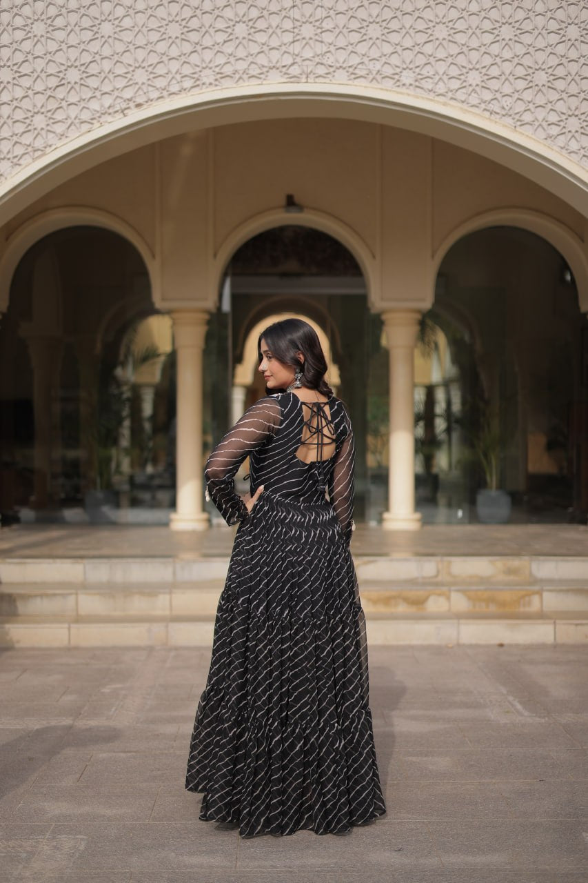 Navratri Lehariya Print Georgette Long Flared Gown For Festive Wear