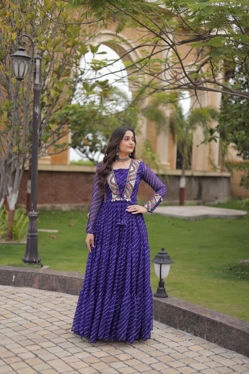 Navratri Lehariya Print Georgette Long Flared Gown For Festive Wear