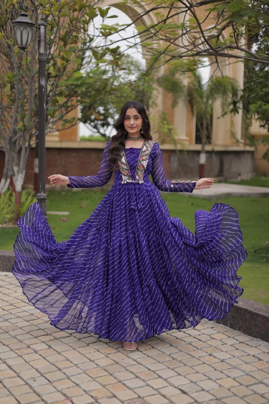 Navratri Lehariya Print Georgette Long Flared Gown For Festive Wear