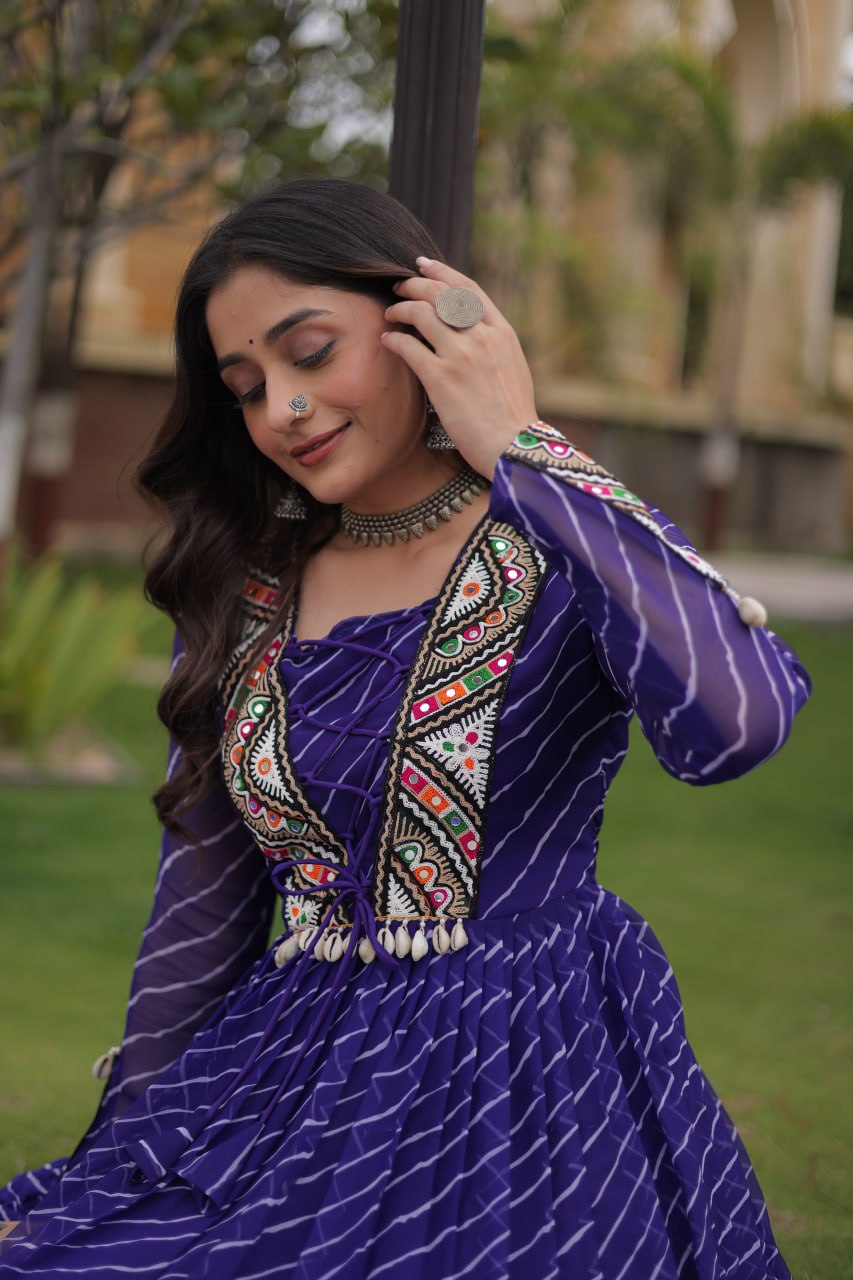 Navratri Lehariya Print Georgette Long Flared Gown For Festive Wear