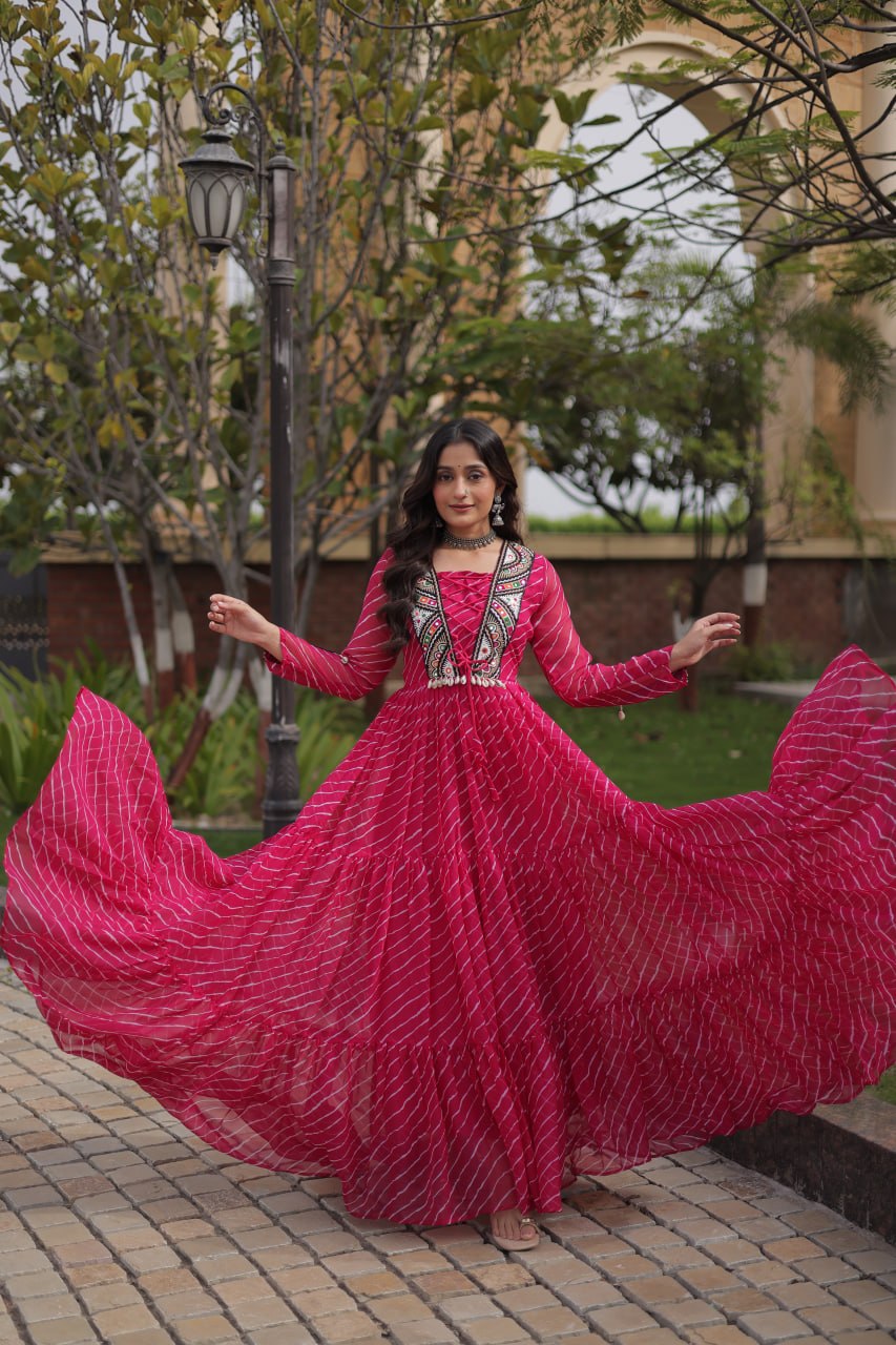 Navratri Lehariya Print Georgette Long Flared Gown For Festive Wear