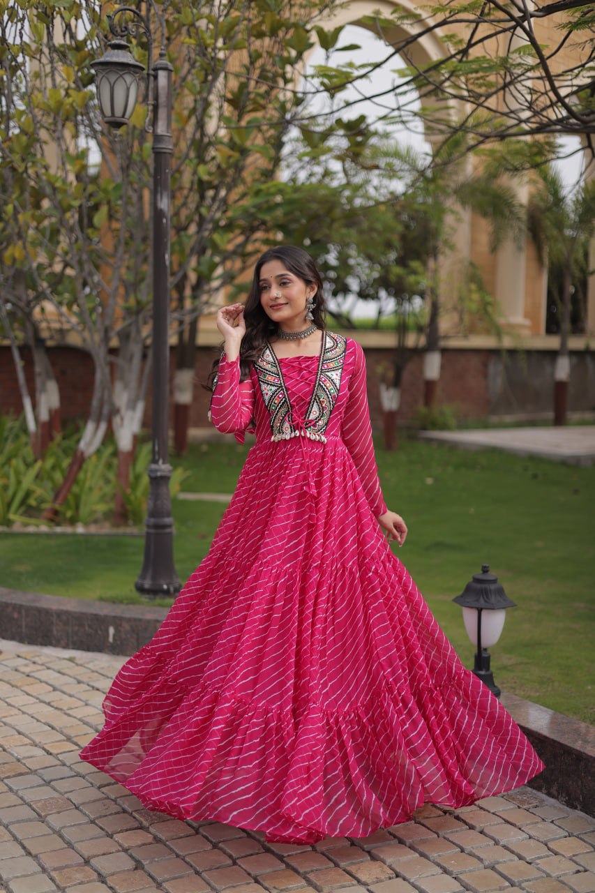 Navratri Lehariya Print Georgette Long Flared Gown For Festive Wear