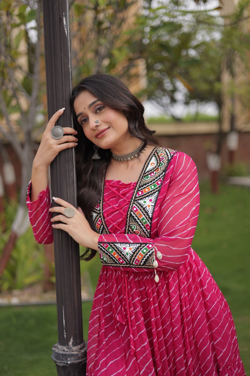 Navratri Lehariya Print Georgette Long Flared Gown For Festive Wear