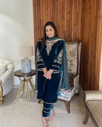 Premium Velvet Embroidered Top & Plazzo Set with Silk Dupatta