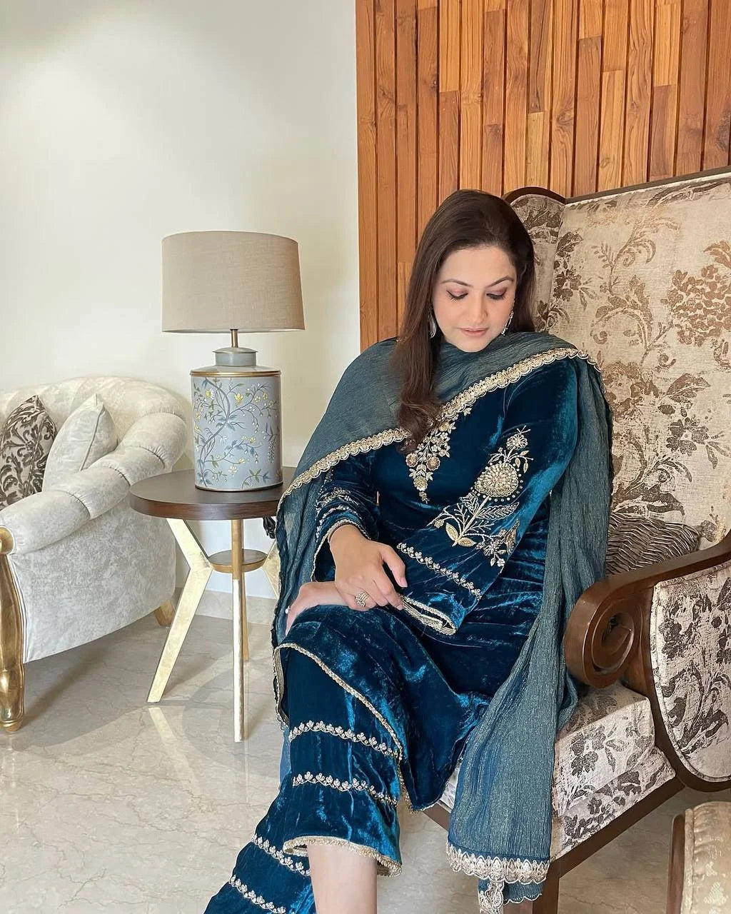 Premium Velvet Embroidered Top & Plazzo Set with Silk Dupatta