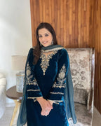 Premium Velvet Embroidered Top & Plazzo Set with Silk Dupatta