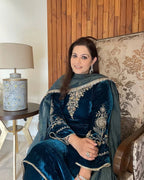 Premium Velvet Embroidered Top & Plazzo Set with Silk Dupatta