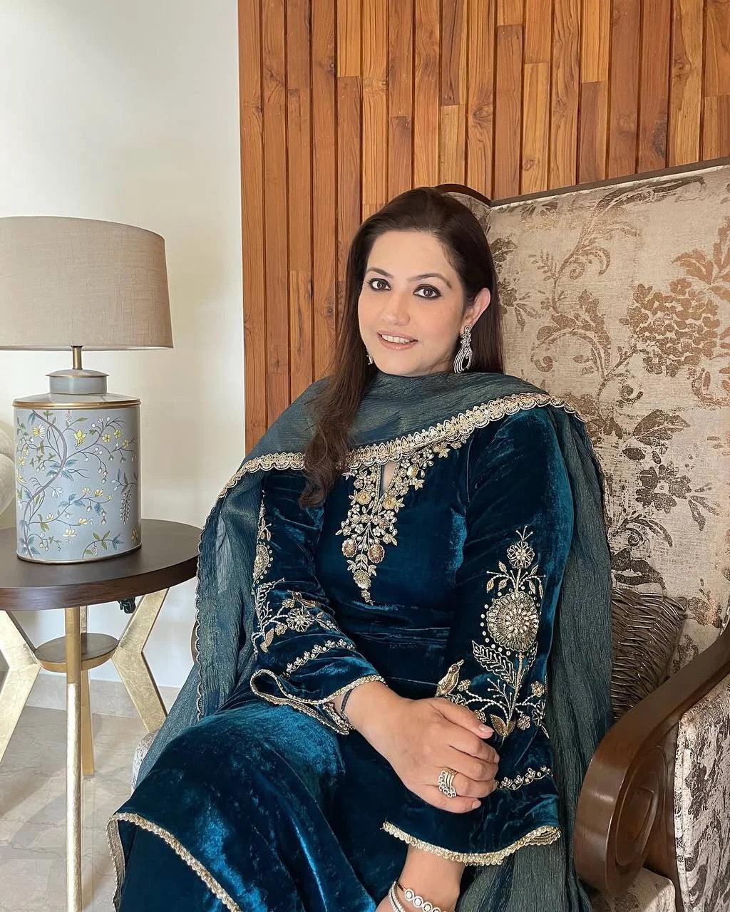 Premium Velvet Embroidered Top & Plazzo Set with Silk Dupatta