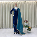 Premium Velvet Embroidered Top & Plazzo Set with Silk Dupatta