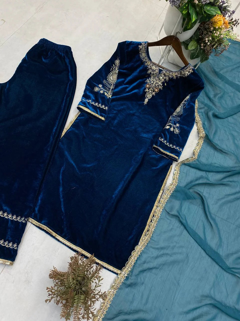 Premium Velvet Embroidered Top & Plazzo Set with Silk Dupatta