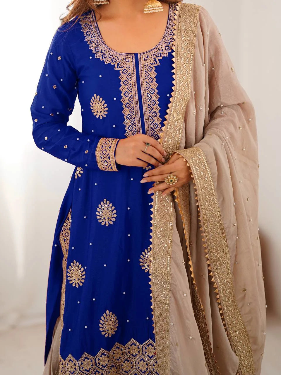 Elegant Blue Kurti Sharara Set with Sequence & Pearl Work