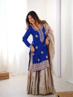 Elegant Blue Kurti Sharara Set with Sequence & Pearl Work