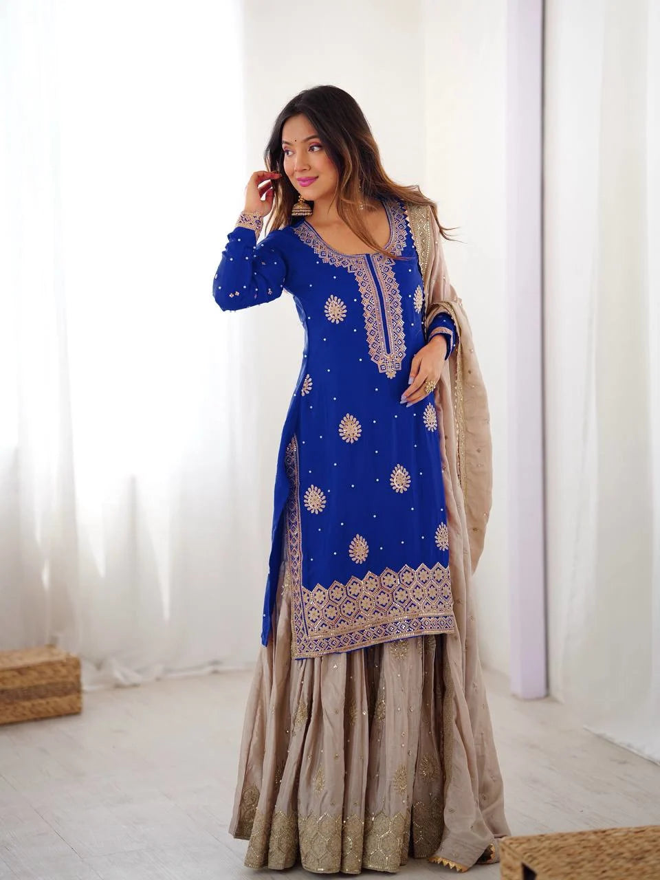 Elegant Blue Kurti Sharara Set with Sequence & Pearl Work